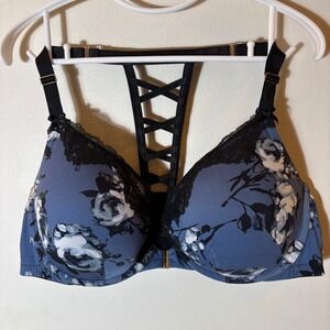 Cacique‎ Boost Plunge Bra Black Lace Floral Blue Front Closure Size 46C
